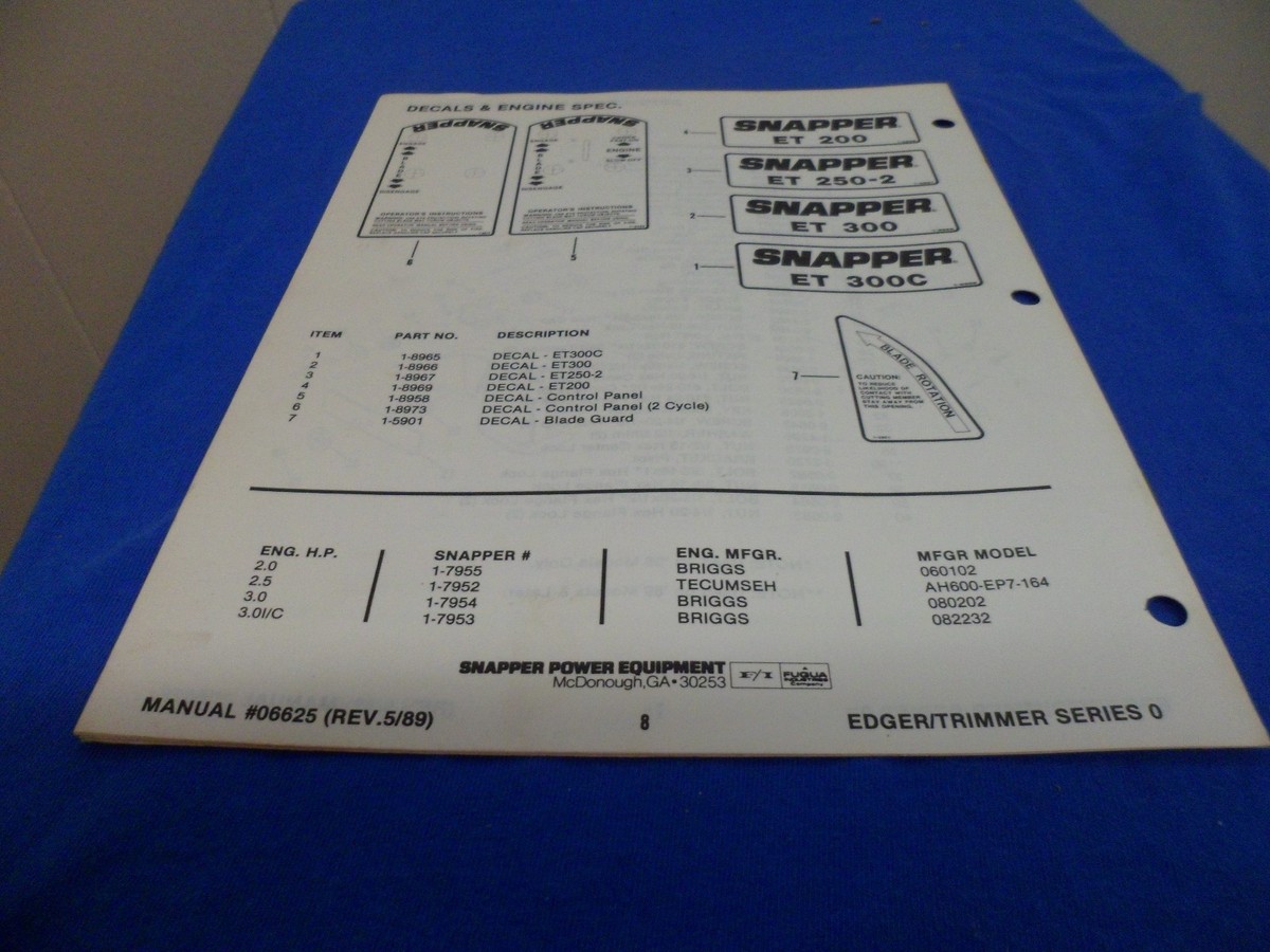 Drawer 25) Snapper Edger Trimmer Series 0 Parts Manual 06625