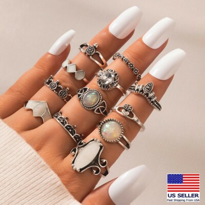 Fashion 12PC Pop Boho Retro Finger Rings Set Moonstone Flowers Turtle Ring 0520