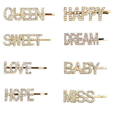 Metal Hair Clips, Word Crystal Hair pin 8 pieces Rhinestone Letter Bobby Pin 