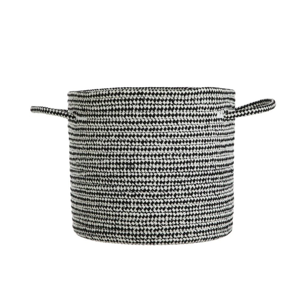 Round Black and White Cotton Rope Decorative Storage Basket with Handles
