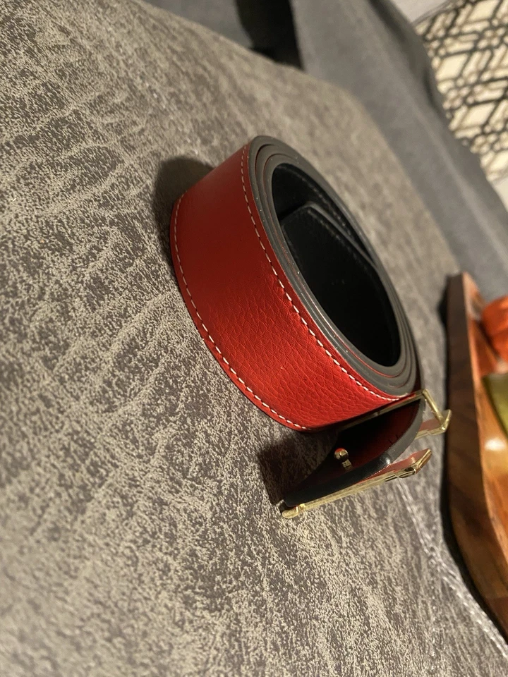 Cinturón de cuero reversible Hermes rojo y negro hebilla dorada para hombre cintura talla 34-38 Foto 3 de 4