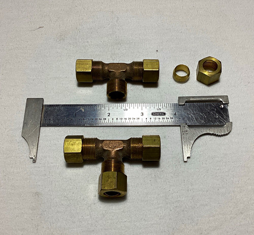 Brass Compression Tee Fittings Lot of 2 w/ Nuts & Ferrules 1/2 in Comp x Comp