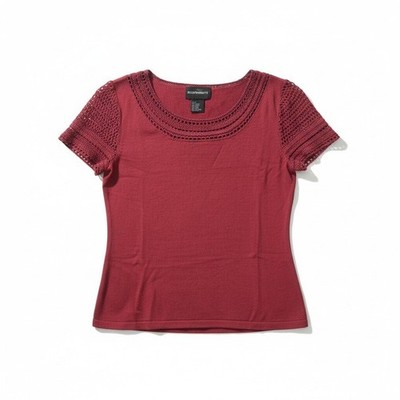 Requirements Burgundy Crochet Knit Short Sleeve Scoop Neck Top, Woman's Small