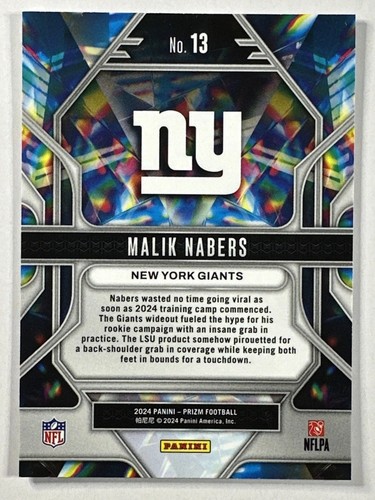 2024 Malik Nabers Panini Prizm Prizmatic #13 RC y Base Prizm RC #370 NY Giants - Imagen 2 de 4