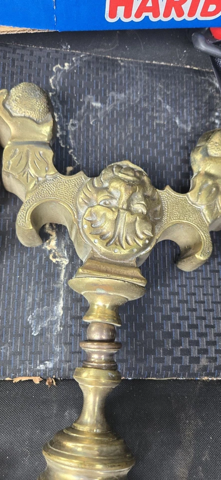 Антуковский камин Андироны Украшенная Викторианская ГОЛОВА ЛЬВА Латунные Железные Огненные Огни 20"T - Изображение 4 из 4