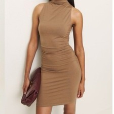 Reformation Jana Knit Dress Taupe Mock Neck Sleeveless Ruched Mini Size M NEW