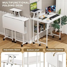 Wooden Folding Table  with Wheels Metal Legs Foldable Side Table w/Storage Layer