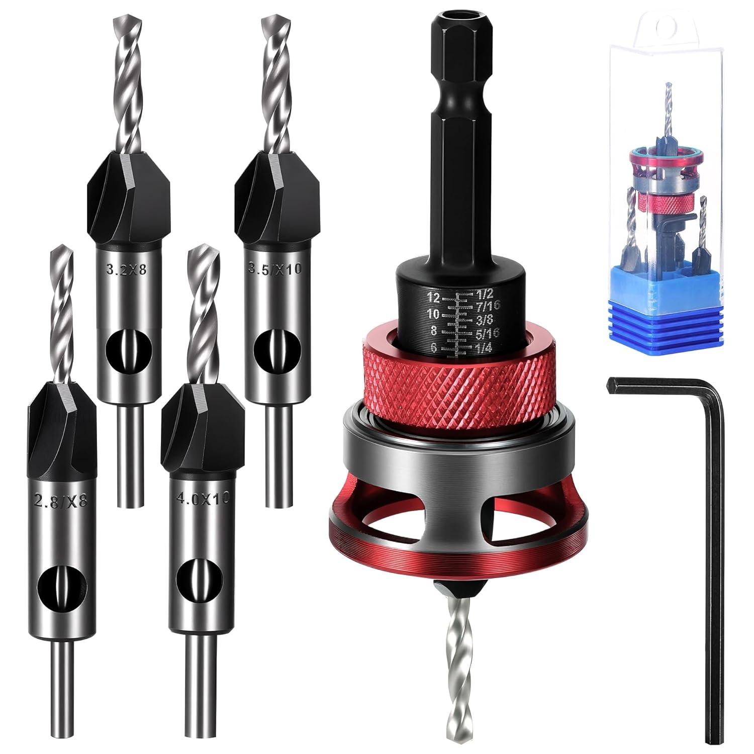 4PCS Countersink Drill Bit Set with Depth Stop, Countersink Wood Drill Bit with