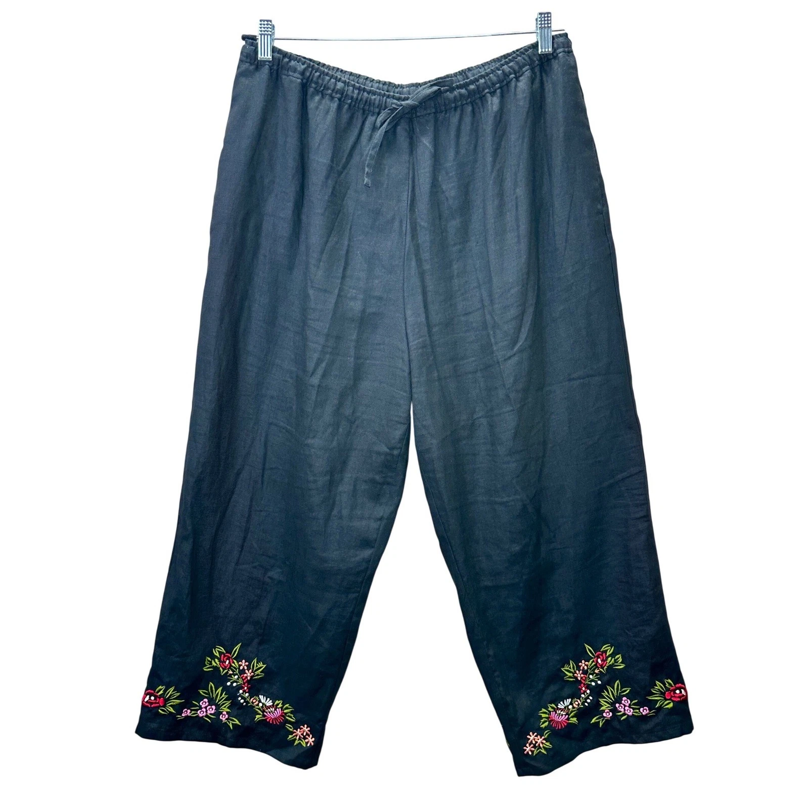 Style & Co Womens XL Black 100% Linen Embroidered Floral Wide Leg Crop Pants
