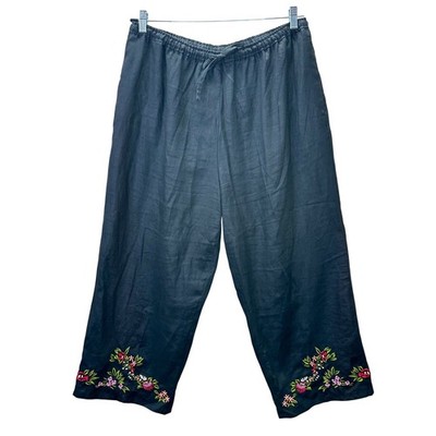 Style & Co Womens XL Black 100% Linen Embroidered Floral Wide Leg Crop Pants