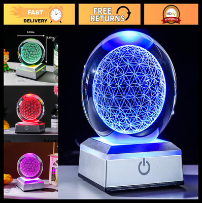3D Flower of Life Crystal Ball with LED Base, Chakra Healing Sphere for Spiritua