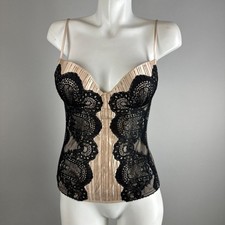 Vintage Y2K La Perla Beige Satin Pleated Black Lace Corset Bra Bralette Size 36