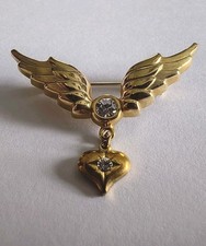 Vintage Brosche Engelsflügel Herzanhänger Zirkonia Gold Ton 