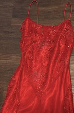 Women's Red Beaded Sequin Maxi Dress S V-Neck Spaghetti Straps Tie Closure