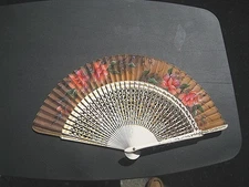 Antique 17 inch Folding Hand Fan Floral Painted Silk and Bamboo Ribs c 1920s