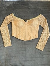 Renaissance Beige Corset Crop Top With Floral Lace Off Shoulder Long Sleeve