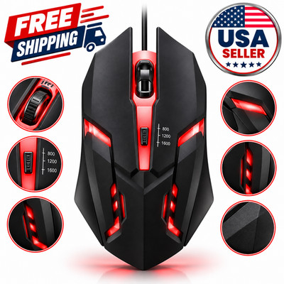 Ergonomic Gaming Mouse Wired USB Optical RGB Backlit 1600 DPI for PC Laptop