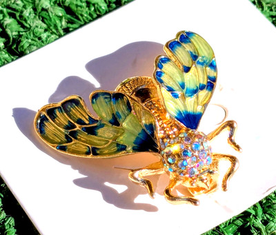Multicolored Gold/Green/Blue Moth Rhinestone Glitter Pin Brooch Jewelry NIP