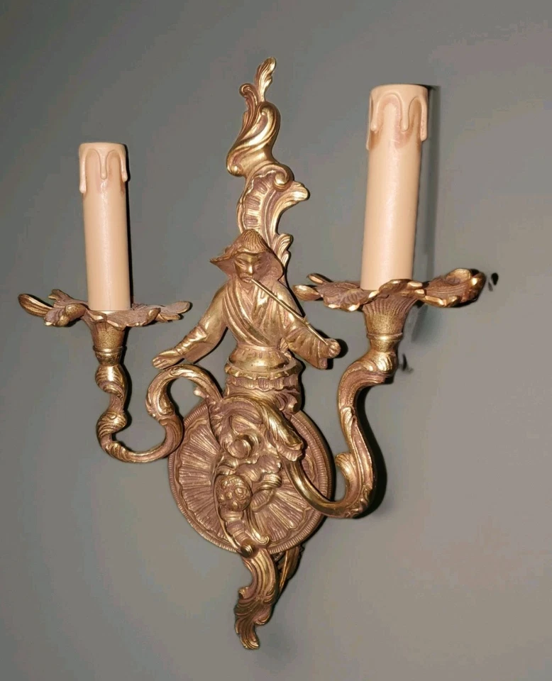 Vintage Wall Scone Louis XV  Chinoiserie Figural Lamp Set of 2 16x10 - Image 4 of 4