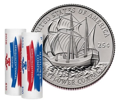 In Hand 2026 P&D Semiquincentennial Mayflower Compact Uncirculated Quarter Rolls