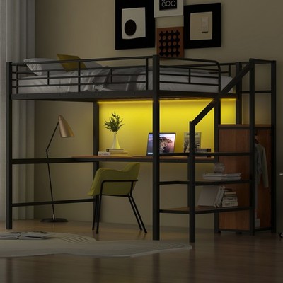 Full Size Metal Loft Bed with Desk,Storage Staircase,Small Wardrobe and LED Ligh