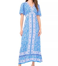 MSK Printed Short Sleeve Maxi Blue Floral V Neck Dress Womens Size M NWT
