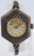 Vintage Niello Checkerboard Hexagon Ladies Mechanical Wristwatch .800 Silver