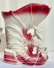 Vintage McCoy USA Pottery Pink & White Fawn Deer Cornucopia Vase Mint! 9"x8"x4"