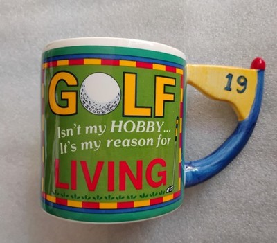 Vintage Russ Berrie Golf Is My Obsession Ceramic Mug 19th Hole Flagstick Handle