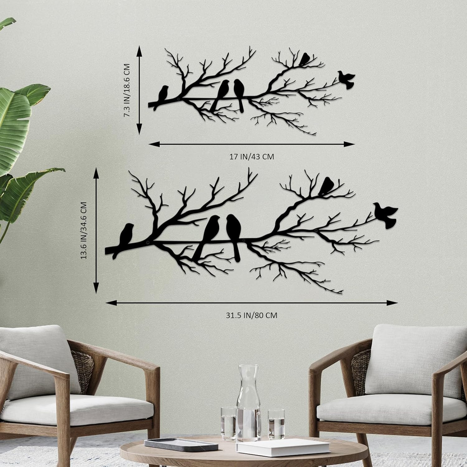 Metal Birds Wall Art, Metal Vivid Birds on Branch Silhouette Wall Decor Black Le