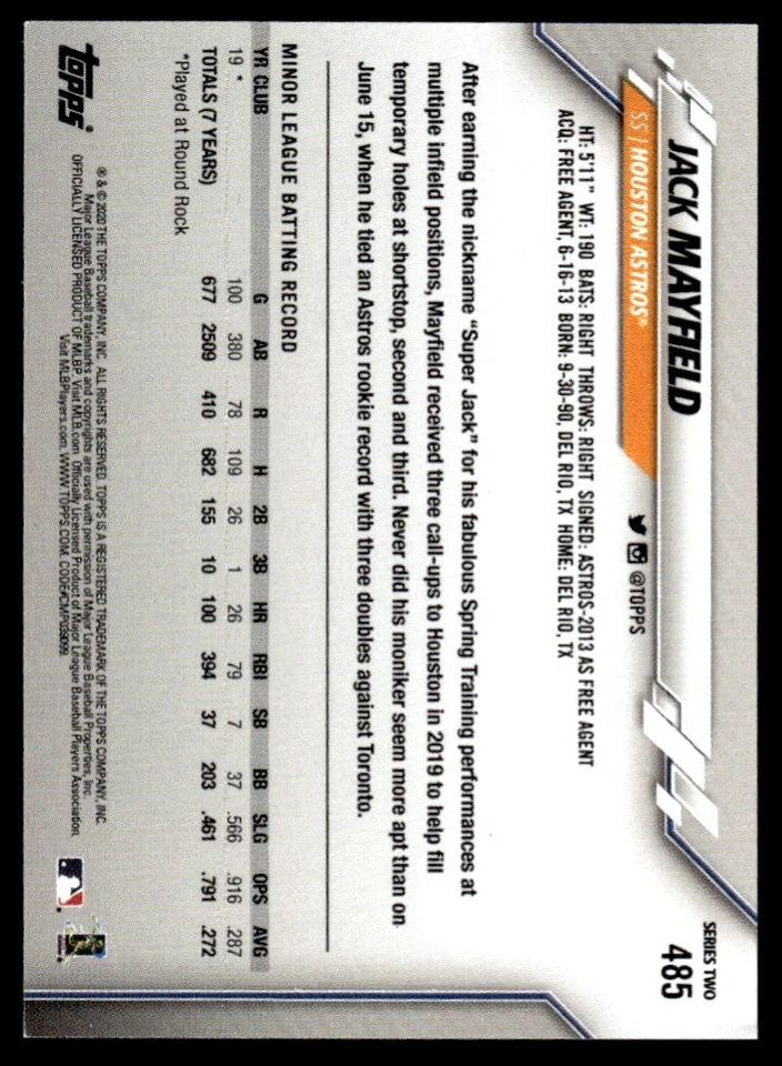 2020 TOPPS MINI BLUE /10 Jack Mayfield Rookie Houston Astros #485 - Image 2 of 2
