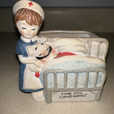 Vintage Enesco Ceramic Bisque Nurse Humorous Get Well Soon Planter Figurine