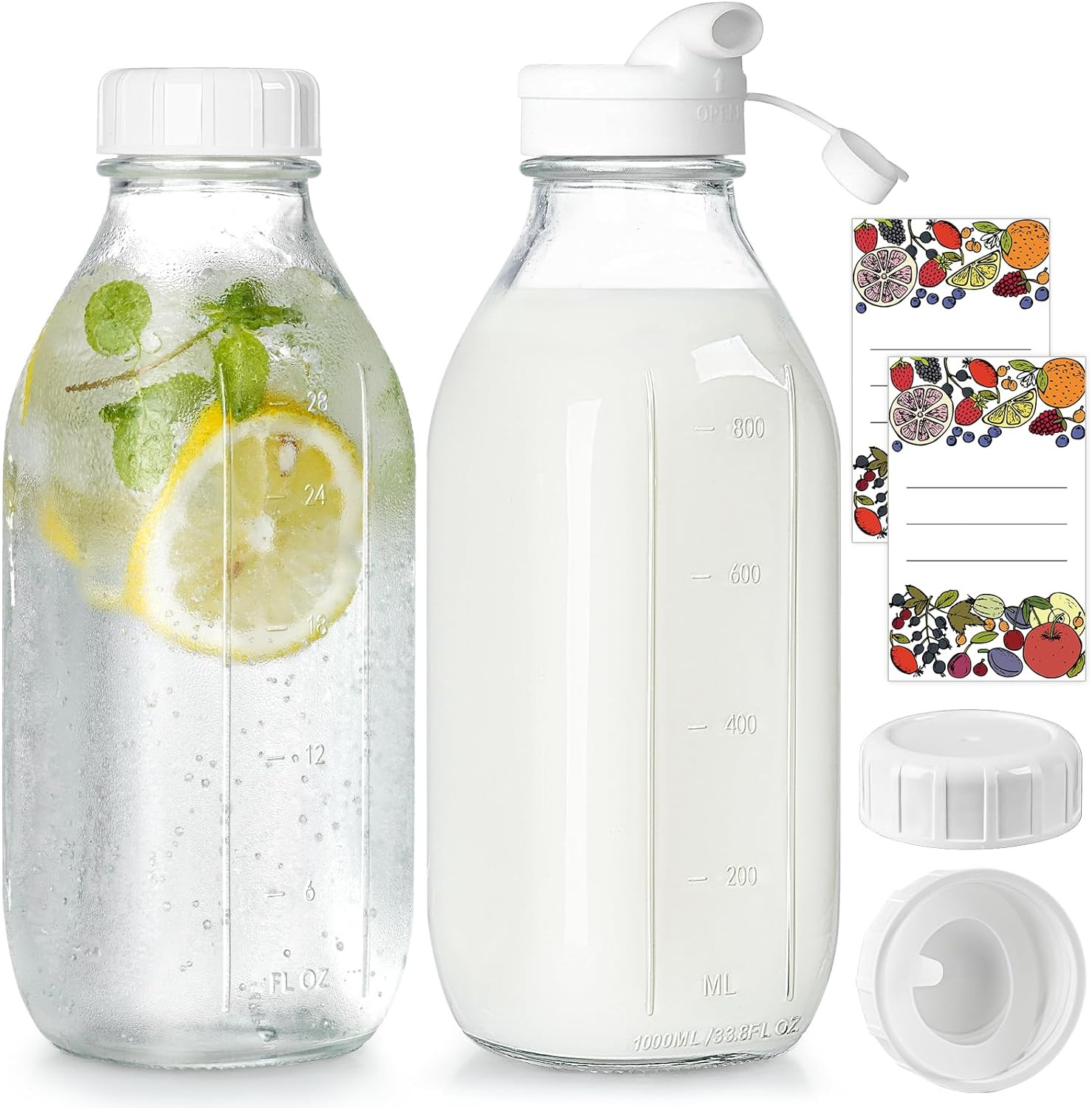Milk Bottle with Dispenser Cap, 100% Airtight Heavy Duty Screw Lid. 2 Pack 32 Oz