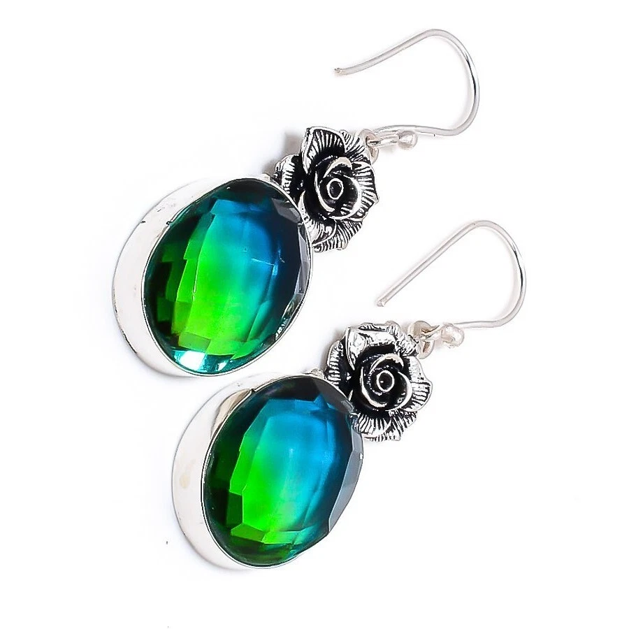 Bi Color Tourmaline Gemstone 925 Sterling Silver Handmade Jewelry Earrings 1.80" - Image 2 of 4
