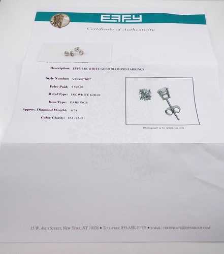 Effy BH 18K White Gold 0.74ctw. Diamond Solitaire Stud Earrings FZ - Picture 6 of 7