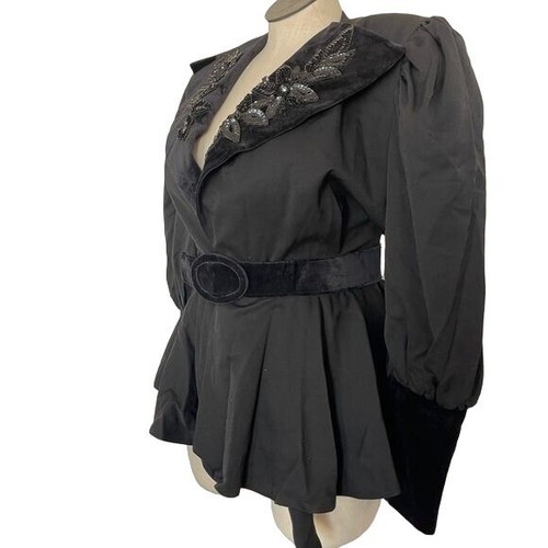 Vintage Black Coat Velvet Collar Puff Sleeves Sequin Floral Cosplay Victorian 12 - Picture 11 of 17