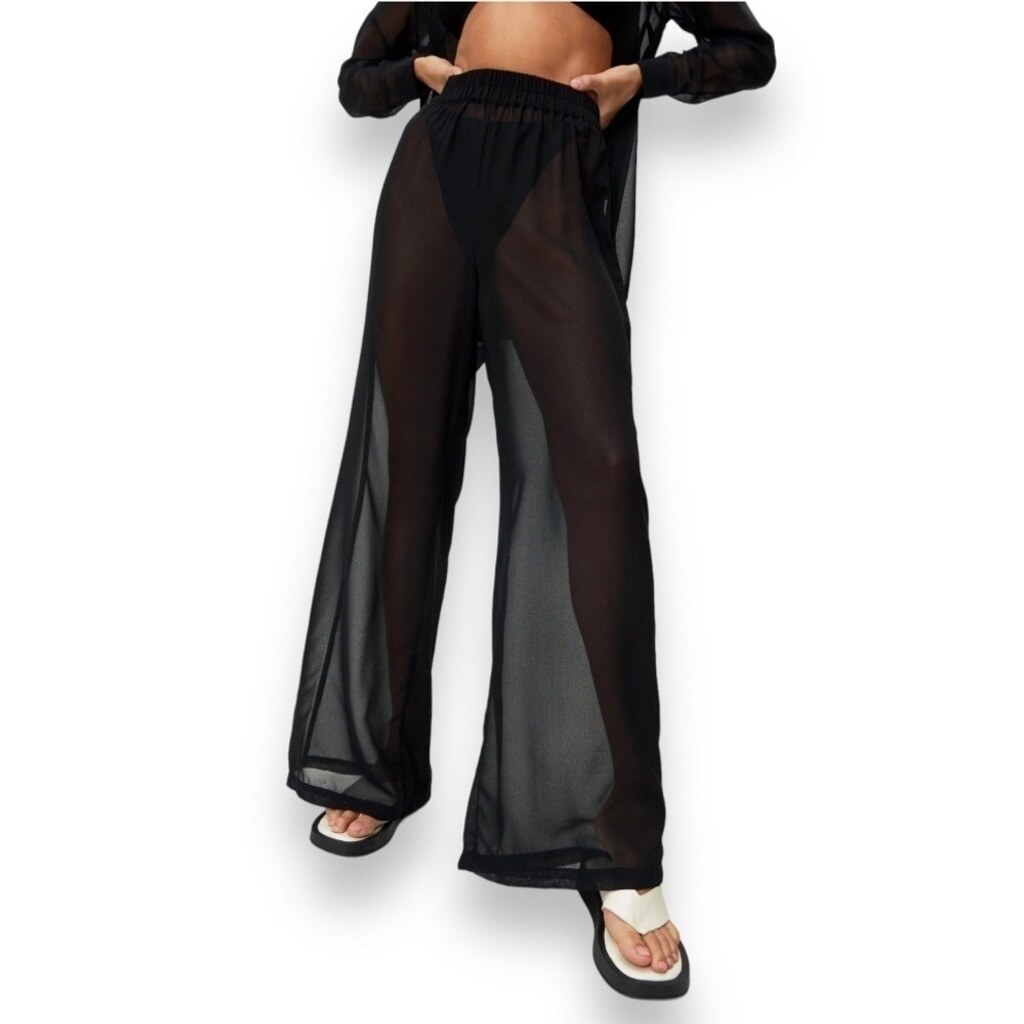 Nasty Gal Chiffon Wide Leg Beach Trouser Sheer Black Pants Women’s Size 6