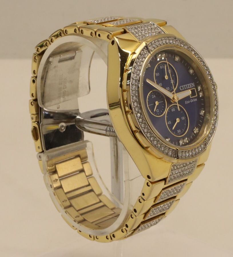 Citizen Eco-Drive Gold Tone Chronograph Blue Dial Crystal B612