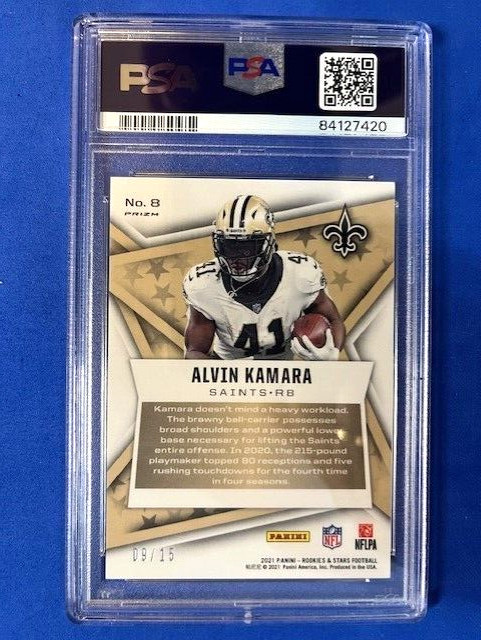 Alvin Kamara 2021 Panini Rookies & Stars Gold Pulsar Prizm /15 PSA 9 - Saints view 2