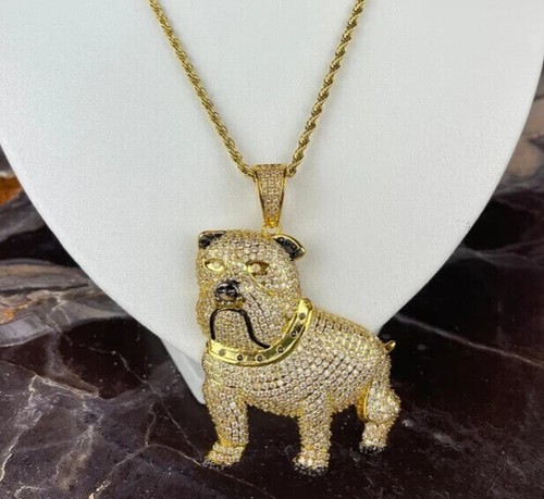 3 Ct Round Lab Created Diamond Men's Pitbull Dog Pendant 14K Yellow Gold Plated - Picture 3 of 5