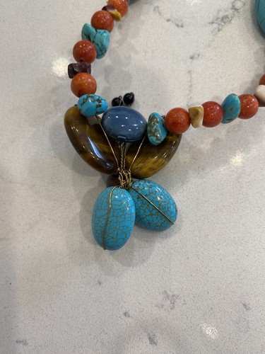 Vintage Butterfly Turquoise Tiger’s Eye Pendant Multi Stone Beaded Necklace 24” - Picture 15 of 16