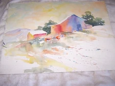 Original Watercolor By Peg Humphreys, Barn Scene & Wildflowers 22.25"x 16.5"