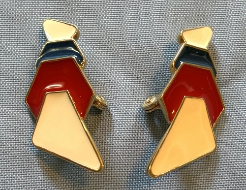 Sweet Vintage Monet Gold Tone Clip Earrings Enameled Red White & Blue Geometric