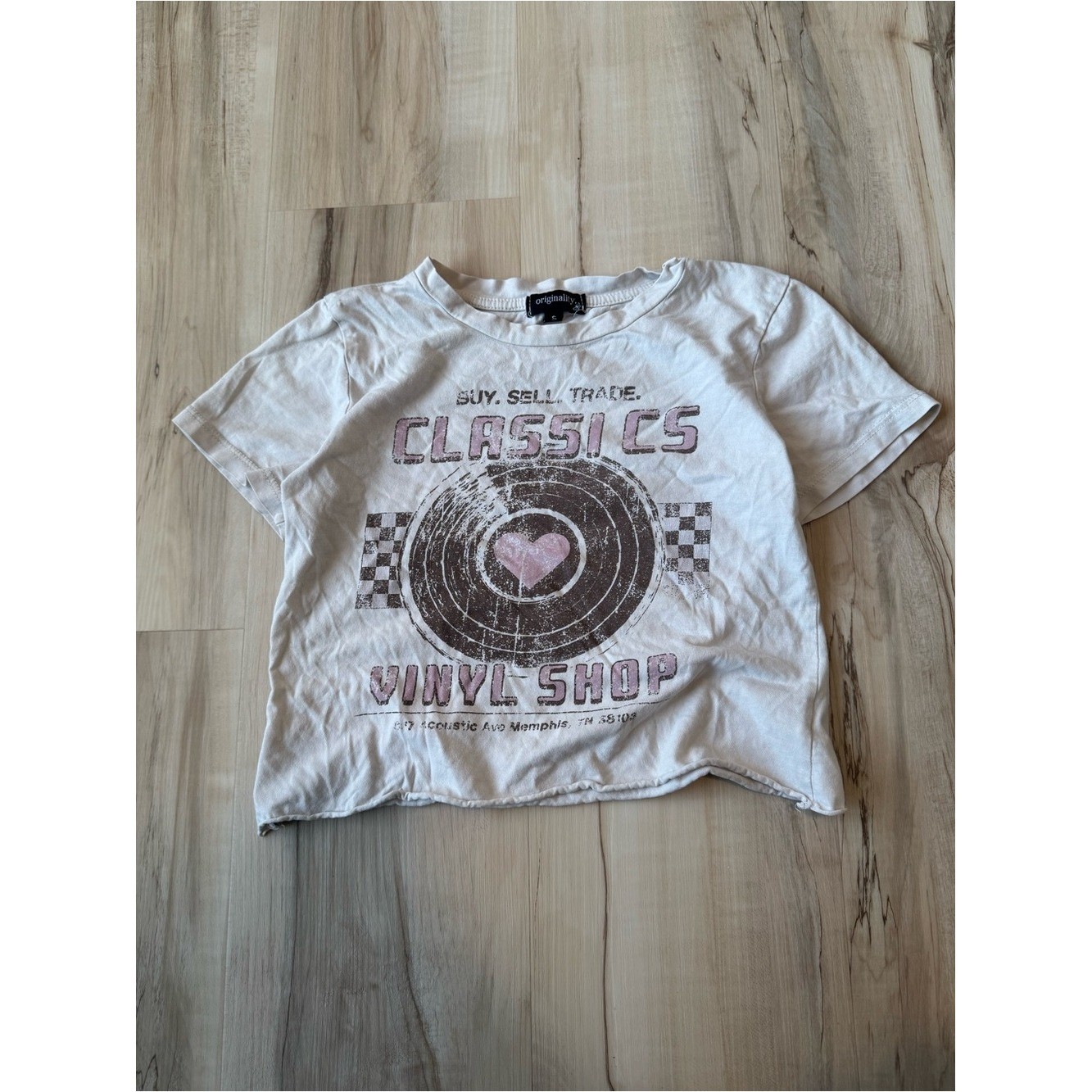 Originality Womens White Classics Vinyl Shop Graphic Baby Tee Small Retro Y2K