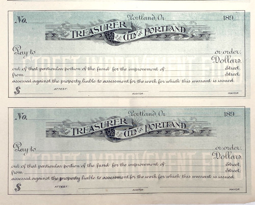 1890s TREASURER OF THE CITY OF PORTLAND, OREGON printer's sheet blue bank checks