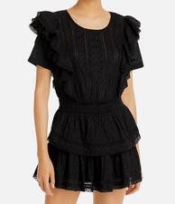 LoveShackFancy Women's Black Natasha Short Sleeve Eyelet Mini Dress Size L