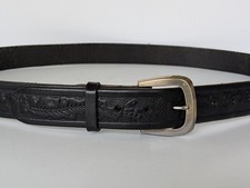 Vtg Mens Tooled Black Leather Acorns Oak Leaf Belt Removable Silver Buckle XXL