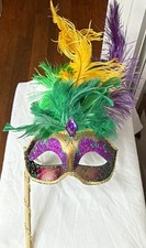 Mardi Gras Feather Half Masquerade Eye Mask on Stick, Purple Green Gold Yellow