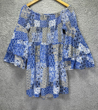 DEVI Medium Blue Patchwork Boho Mini Dress Off Shoulder Bell Sleeve Festival