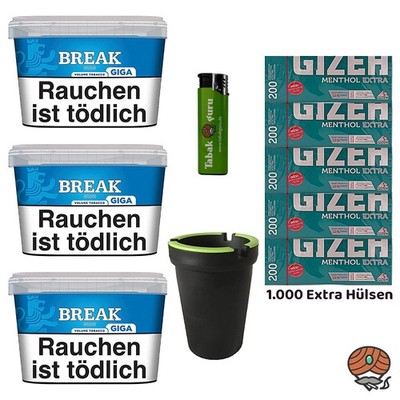 Break Blue/Blau Volumentabak Giga Box 3x 185g, Gizeh Menthol Extra Hülsen +++